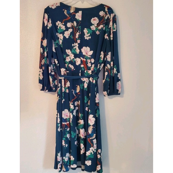 Eliza J Dress Womens‎ 18W Blue Floral Wrap Midi Floral Bird Print 3/4 Sleeve - Picture 6 of 7